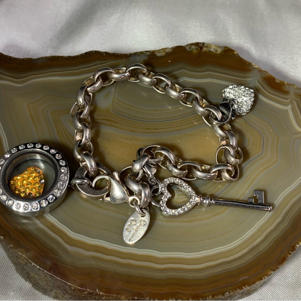 Origami Owl Silver Bracelet with Heart and Key Charms